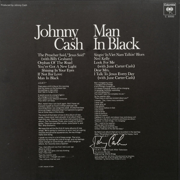Johnny Cash – Man In Black (used) (1971 Pressing)