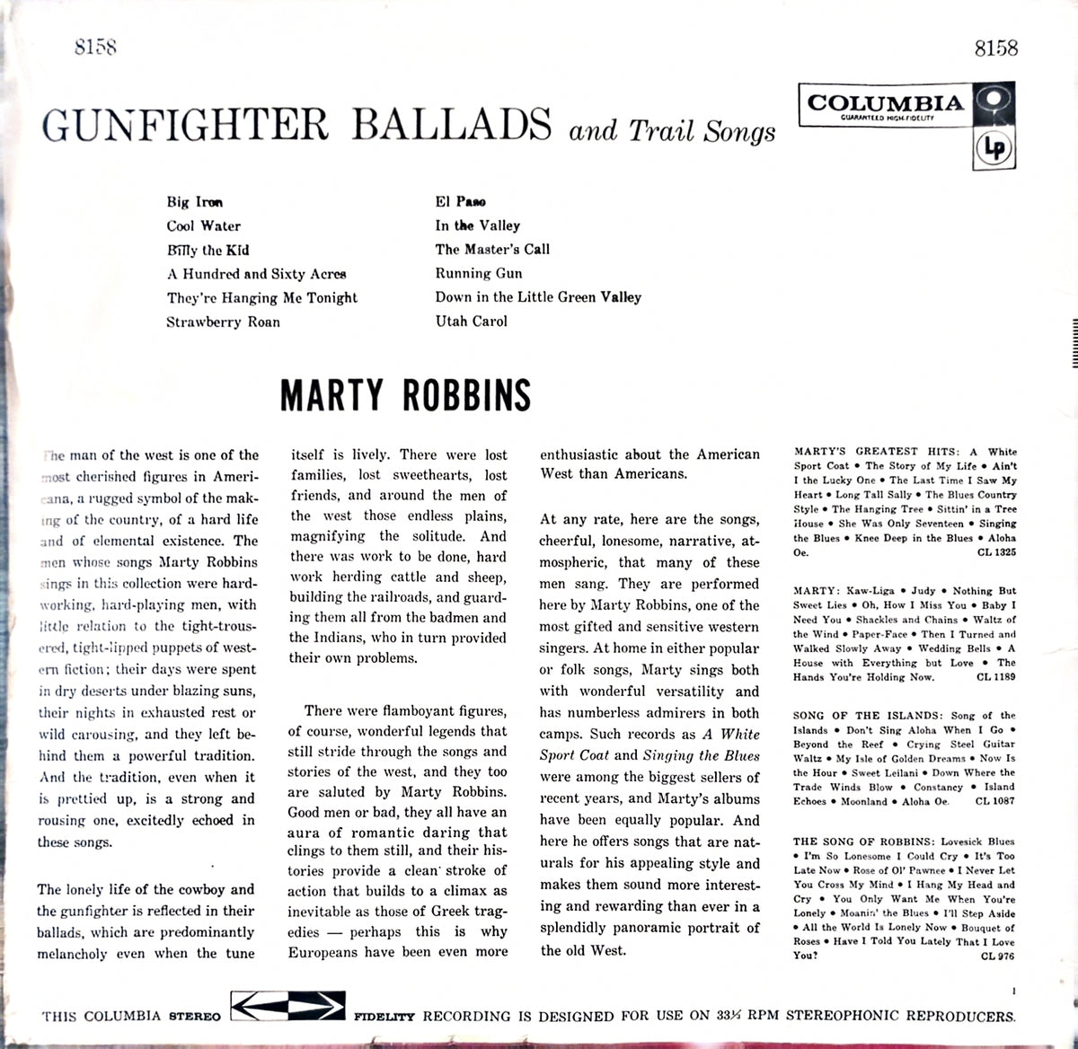 Marty Robbins – Gunfighter Ballads And Trail Songs (used)(1971 PC Pressing)