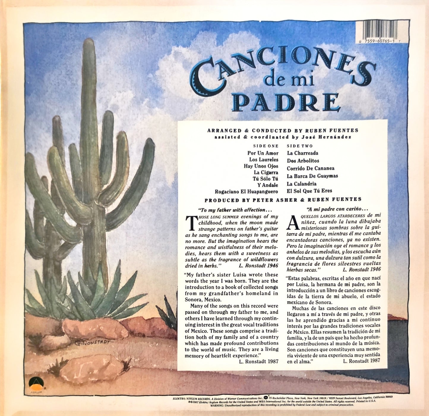 Linda Ronstadt – Canciones De Mi Padre (used)(1987 Pressing)
