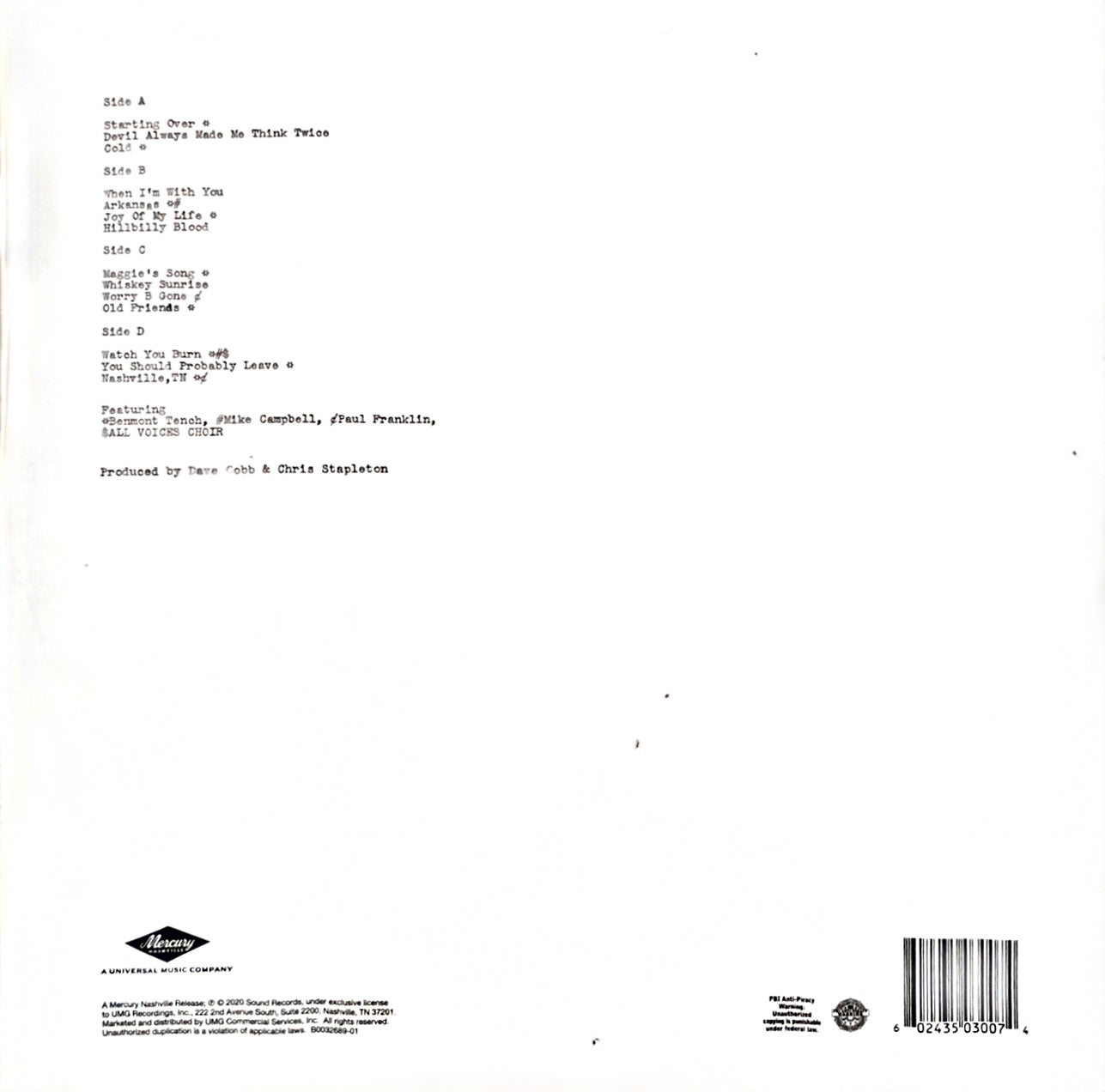 Chris Stapleton – Starting Over (used)(2020 Pressing)