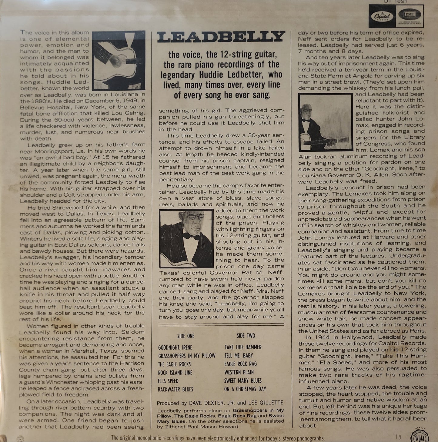 Leadbelly – Huddie Ledbetter's Best... His Guitar - His Voice - His Piano (used)(1962 Pressing)